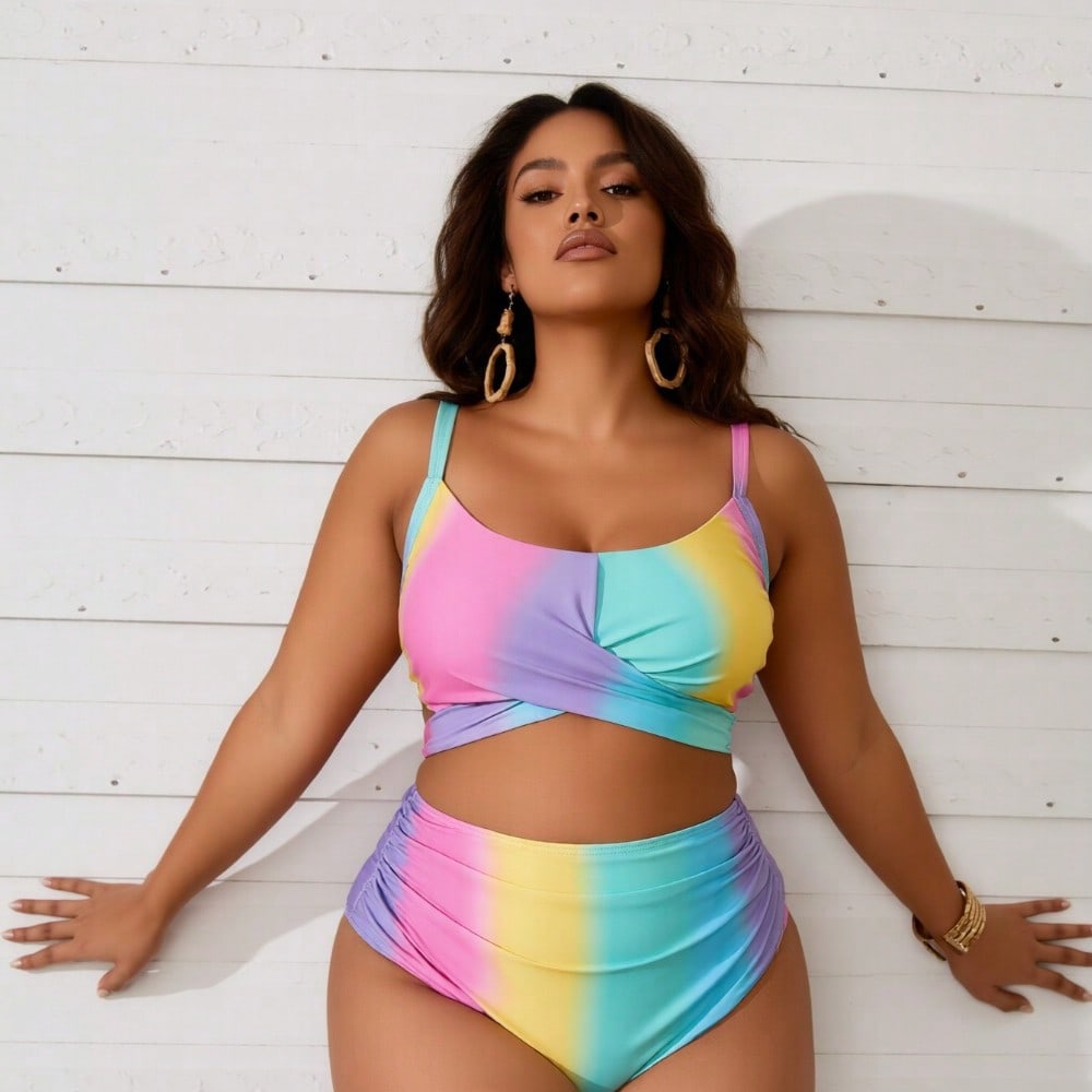 2026 Women's Playful Two-Piece: Pastel Rainbow Ombre Wrap Crop Top and Matching High-Waisted Briefs