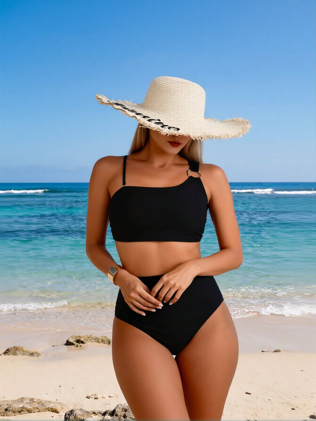 2026 New Women's Sexy Fashion Black Asymmetric Metal Ring Two-Piece Swimsuit for Vacation & Leisure