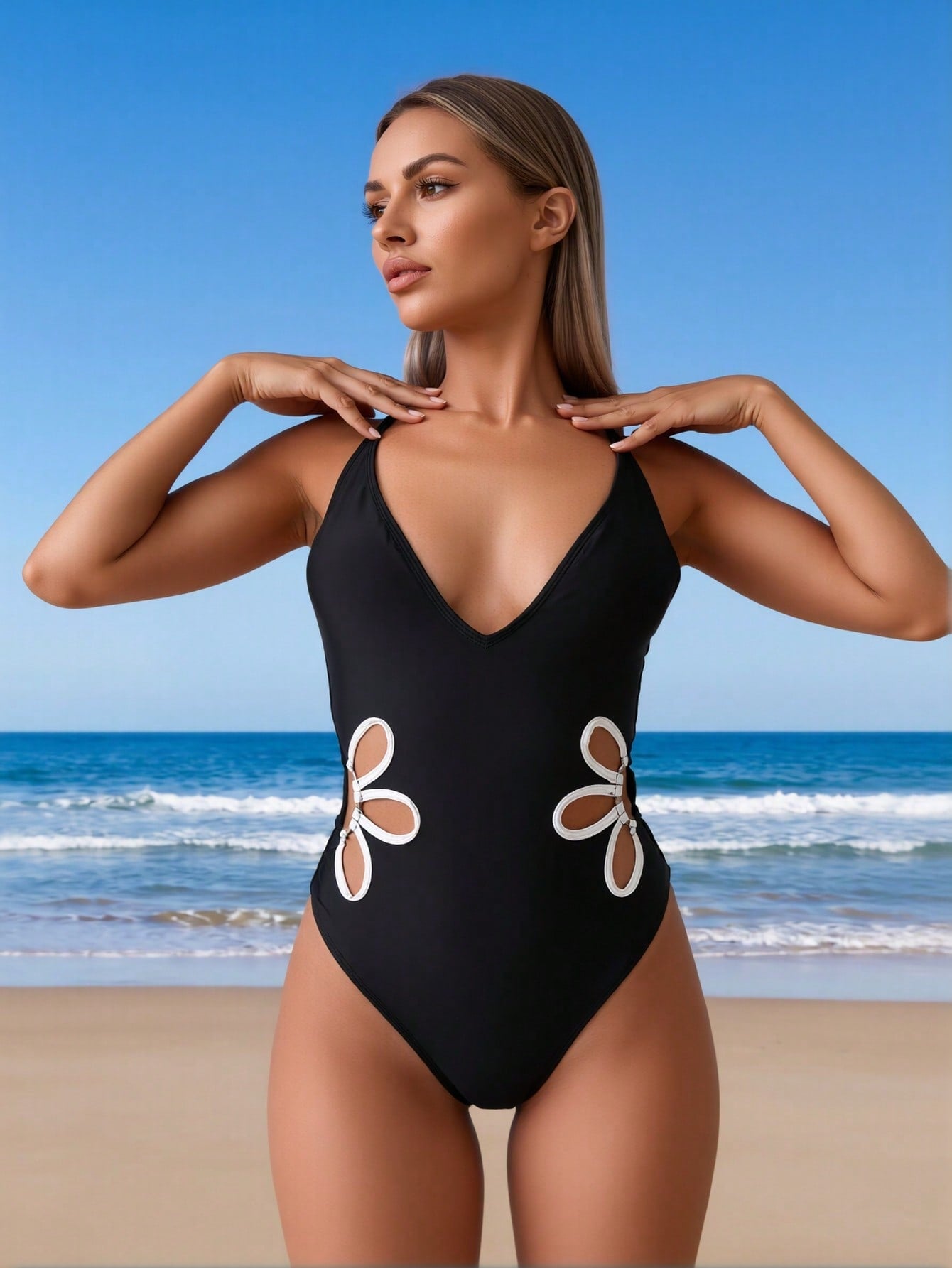 2026 New Women's Sexy Fashion Black V-Neck Floral Cutout One-Piece Swimsuit Tummy Control For Vacation