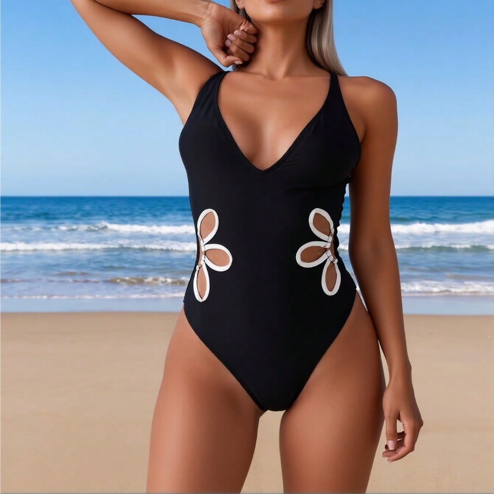2026 New Women's Sexy Fashion Black V-Neck Floral Cutout One-Piece Swimsuit Tummy Control For Vacation