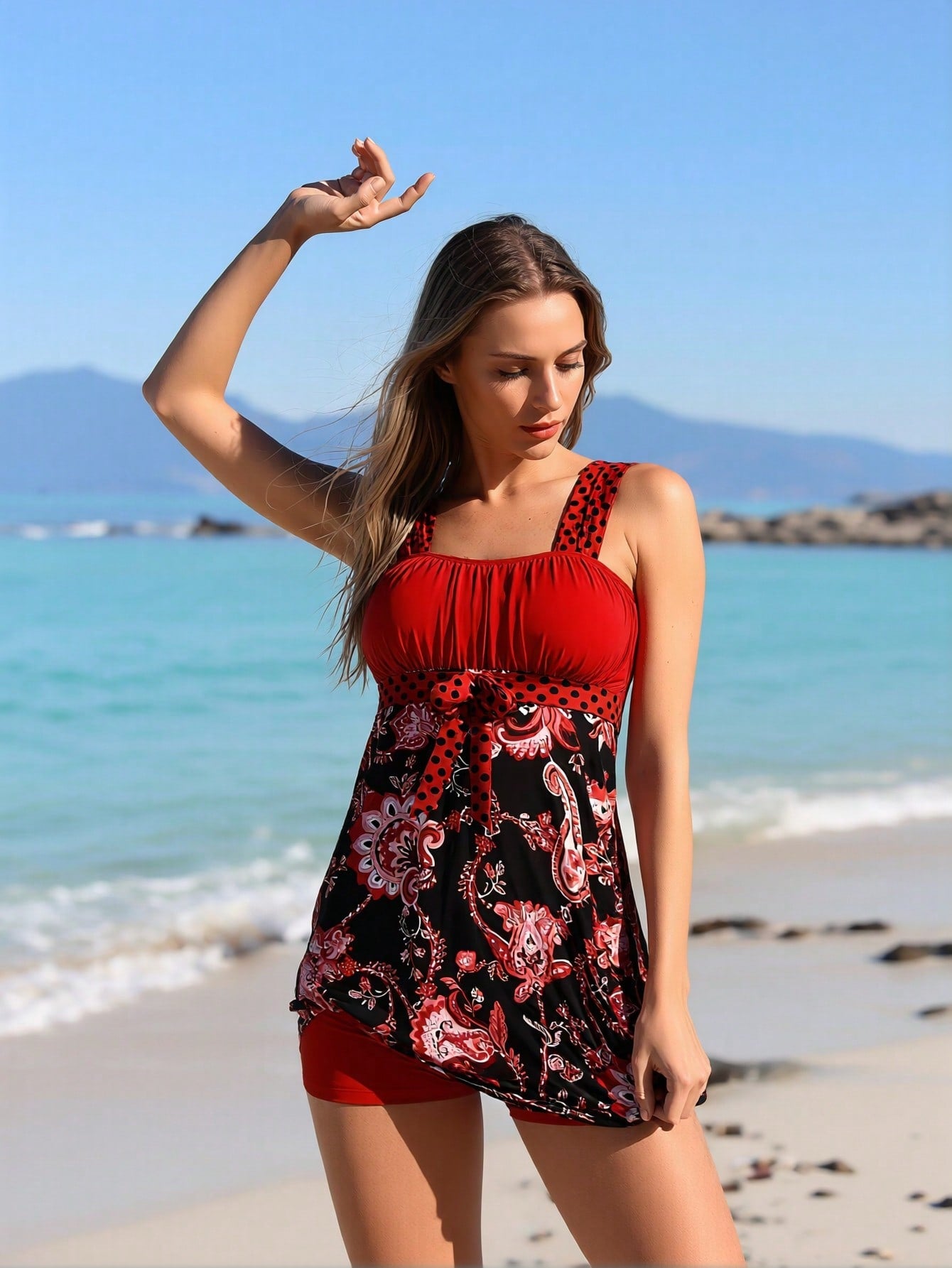 2026 Women's Vibrant Swimdress: Red Ruched Bandeau Top, Black Paisley Print Skirt and Matching Red Boyleg Shorts