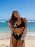 2026 New Women's Sexy Fashion Leopard Print Patchwork Halter Two-Piece Swimsuit For Vacation & Leisure