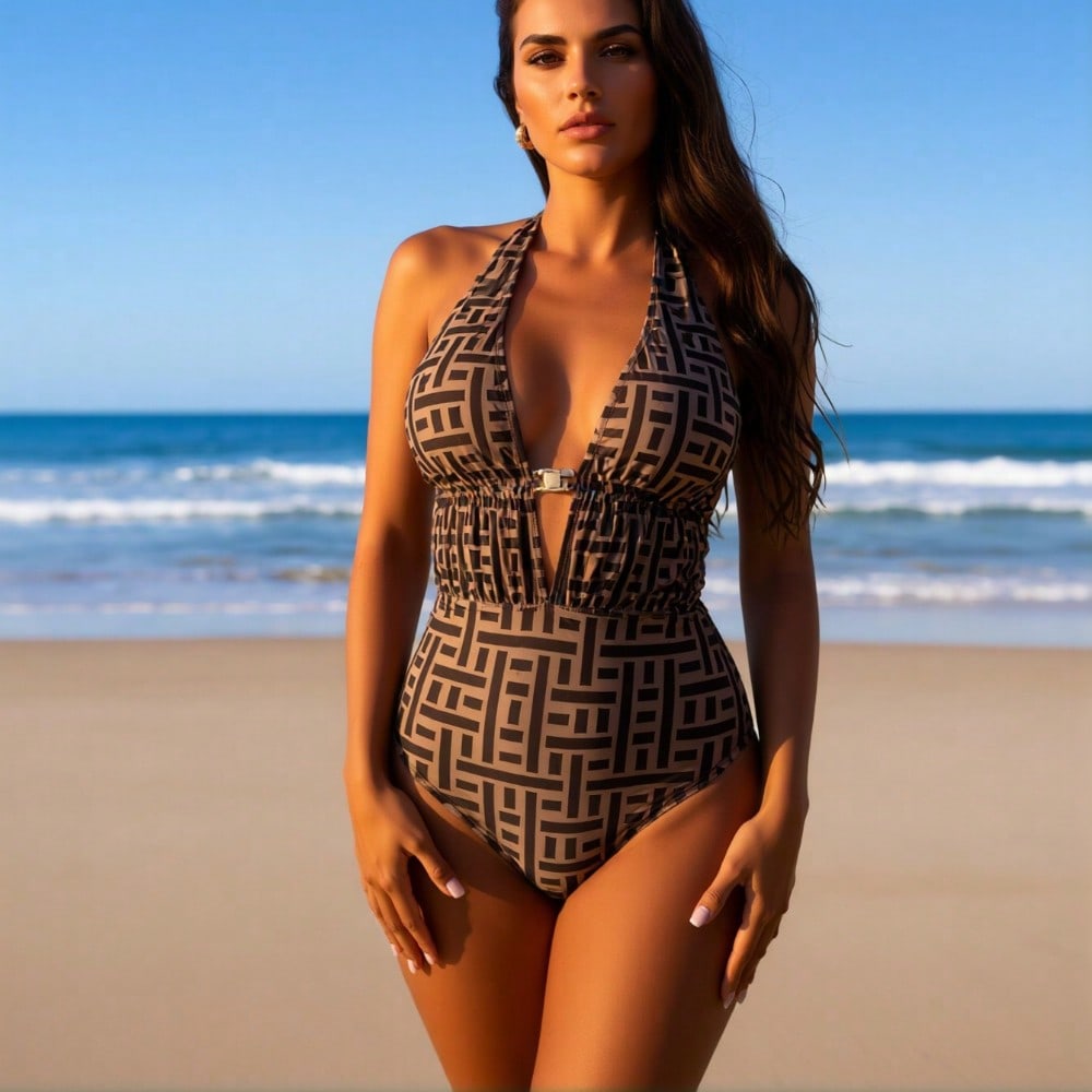 2026 New Women's Sexy Fashion Brown Geometric Print Halter One-Piece Swimsuit Tummy Control For Vacation
