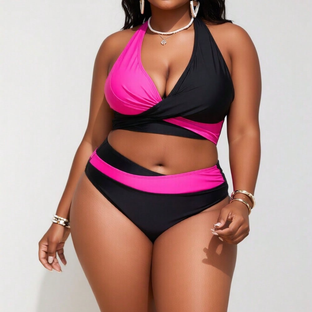 2026 New Plus Size Women's Sexy Fashion Pink & Black Color Block Halter Two-Piece Swimsuit for Vacation & Leisure