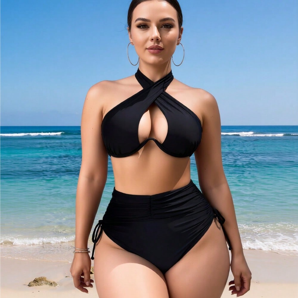 2026 New Women's Sexy Cross Halter Cutout High Waist Ruched Two-Piece Swimsuit Tummy Control for Vacation