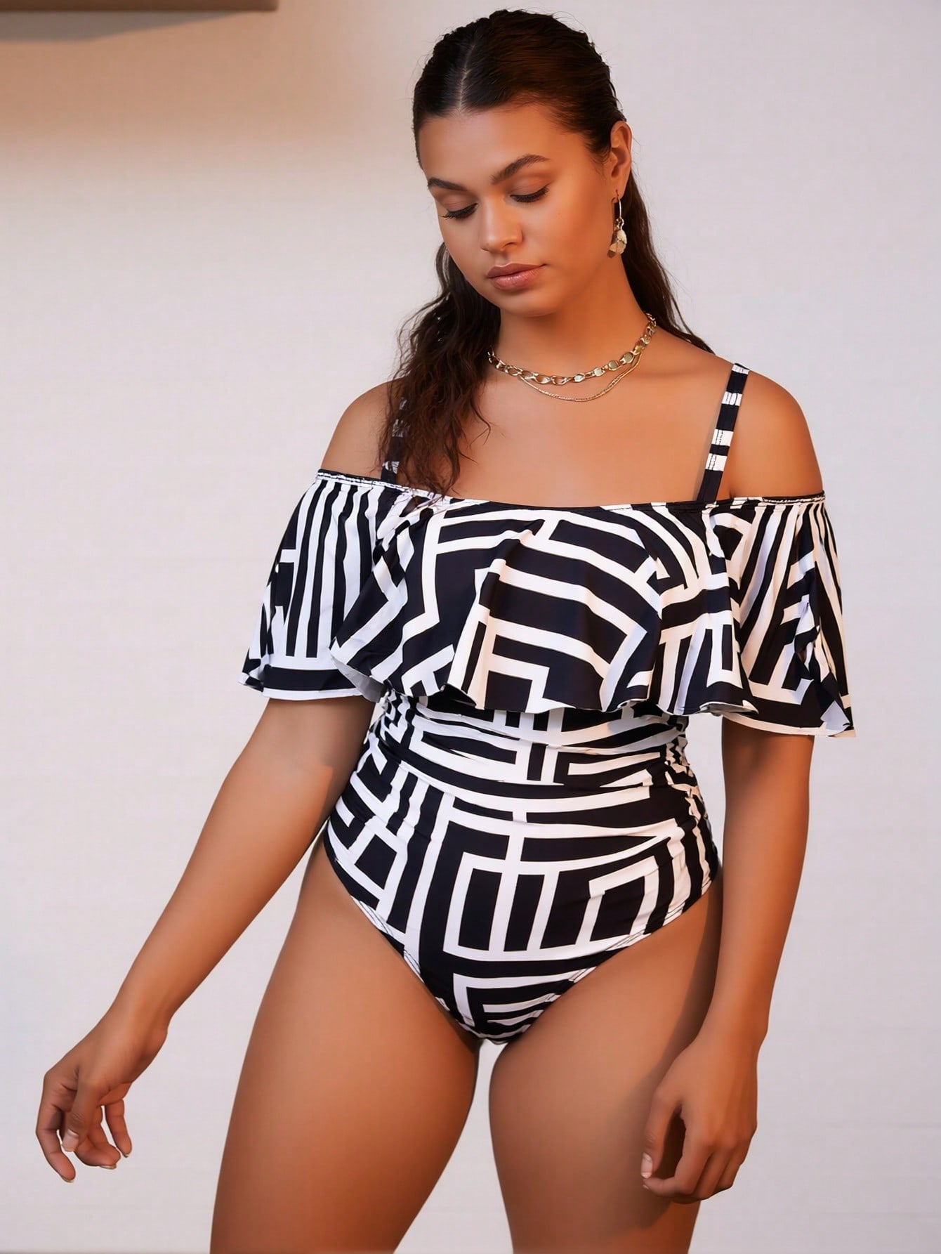 2026 New Women's One-Piece Swimsuit: Black & White Geometric Print, Off-the-Shoulder Ruffle Neckline, Spaghetti Straps, High-Waist & High-Cut Leg Design