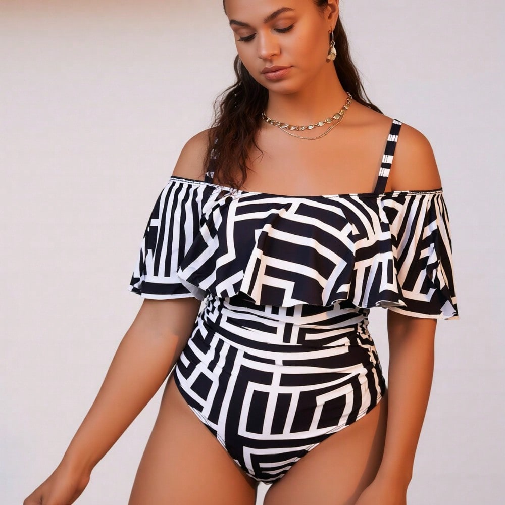 2026 New Women's One-Piece Swimsuit: Black & White Geometric Print, Off-the-Shoulder Ruffle Neckline, Spaghetti Straps, High-Waist & High-Cut Leg Design