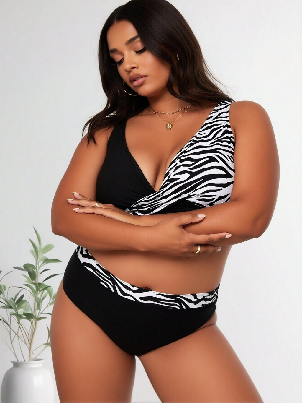 2026 New Women's Plus Size Two-Piece Swimsuit: Black & White Zebra Print Wrap Bikini Top, High-Waist Black Bottoms with Zebra Trim, V-Neck, Ruched Design