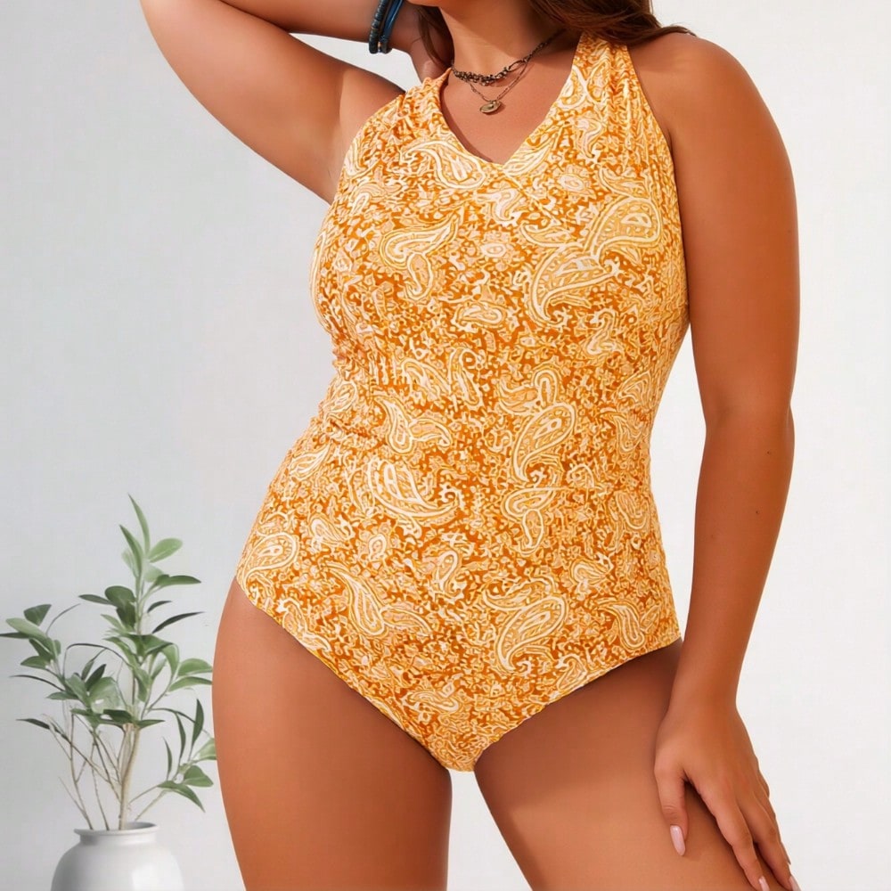 2026 New Women's Plus Size One-Piece Swimsuit: Orange Paisley Print, Halter Neckline, V-Neck Detail, Ruched Side Design, Modest Coverage