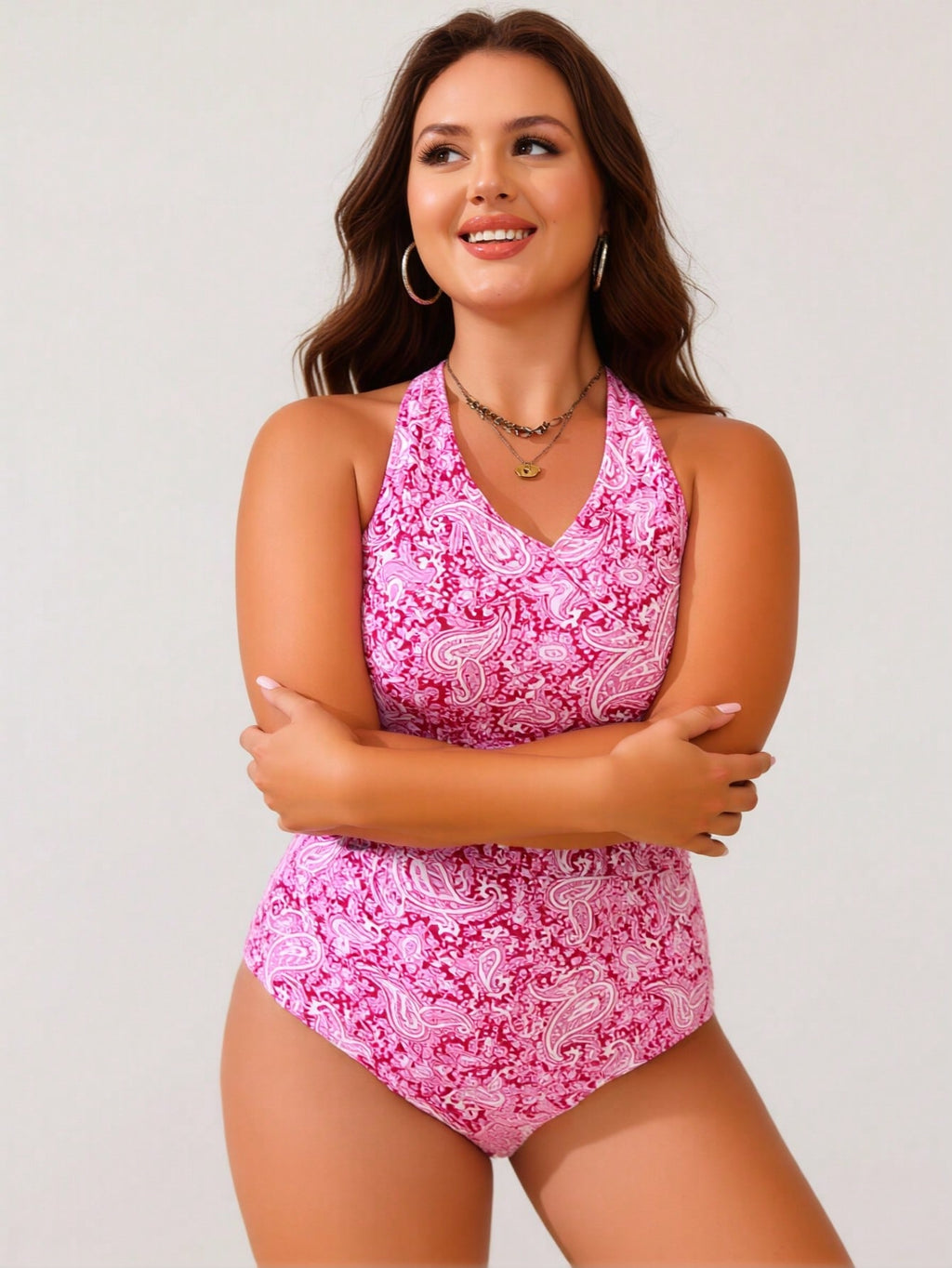 2026 Women's Feminine Plus Size One-Piece: Pink Paisley Print with Halter Neckline and Ruched Side Detail