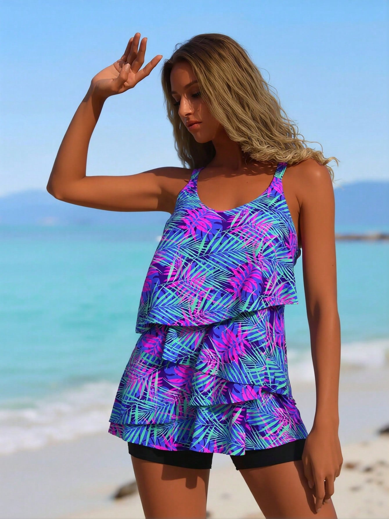 2026 Women's Tropical Tankini: Purple & Pink Palm Print Tiered Ruffle Top and Matching Black Boyleg Shorts