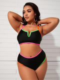 026 New Women's Plus Size Two-Piece Swimsuit: Black Bikini Top with Neon Color Block Trim, High-Waist Bottoms, V-Notch Neckline, Adjustable Straps