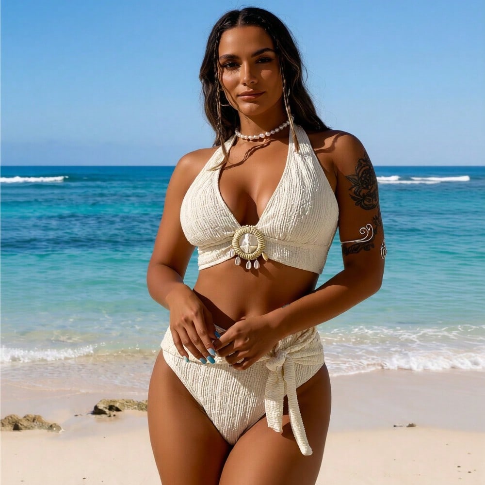 2026 New Women's Off-White Textured Shell Pendant Halter Tie High Waist Two-Piece Swimsuit Tummy Control for Vacation