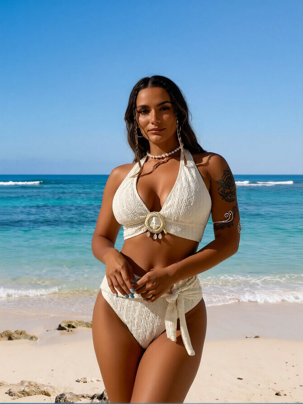 2026 New Women's Off-White Textured Shell Pendant Halter Tie High Waist Two-Piece Swimsuit Tummy Control for Vacation