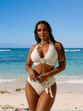 2026 New Women's Off-White Textured Shell Pendant Halter Tie High Waist Two-Piece Swimsuit Tummy Control for Vacation