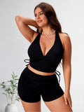 2026 Vacation Style Plus Size Tankini: Classic Black Ribbed Fabric for a Chic and Comfortable Beach Look, Halter Design