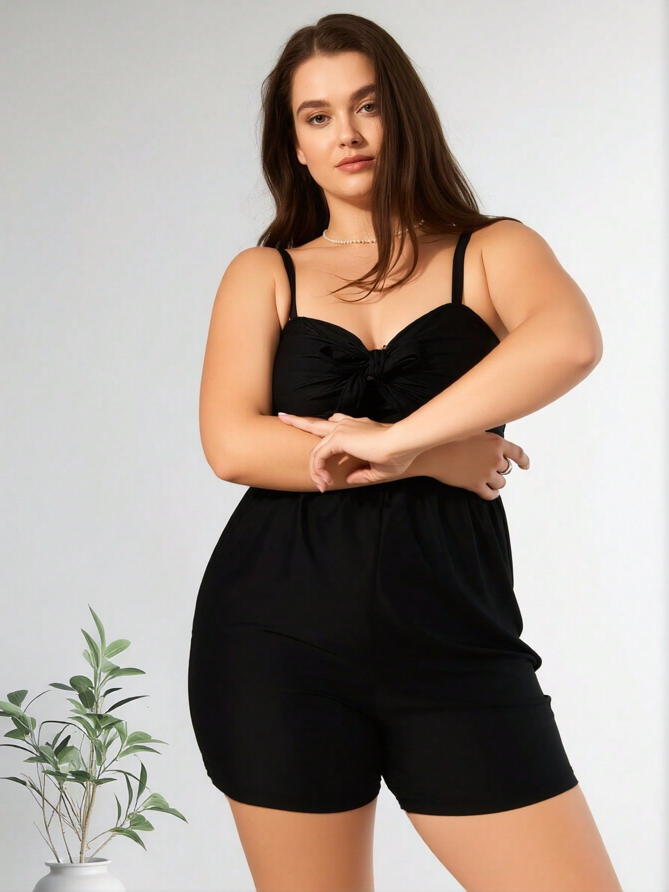 2026 New Women's Plus Size One-Piece Swimsuit: Black Solid Color, Sweetheart Neckline with Front Bow Detail, Adjustable Spaghetti Straps, Flowy Skirted Short Silhouette