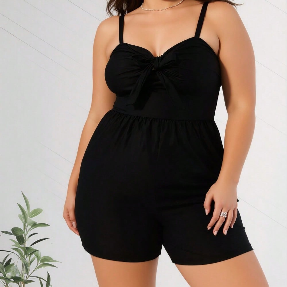 2026 New Women's Plus Size One-Piece Swimsuit: Black Solid Color, Sweetheart Neckline with Front Bow Detail, Adjustable Spaghetti Straps, Flowy Skirted Short Silhouette