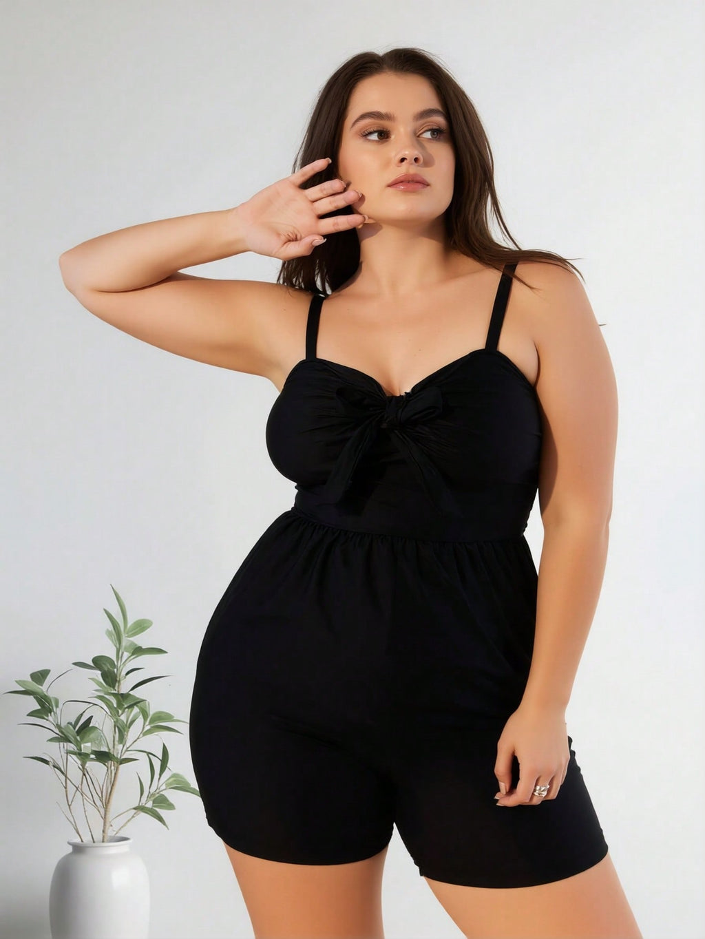 2026 New Women's Plus Size One-Piece Swimsuit: Black Solid Color, Sweetheart Neckline with Front Bow Detail, Adjustable Spaghetti Straps, Flowy Skirted Short Silhouette