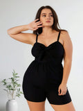 2026 New Women's Plus Size One-Piece Swimsuit: Black Solid Color, Sweetheart Neckline with Front Bow Detail, Adjustable Spaghetti Straps, Flowy Skirted Short Silhouette