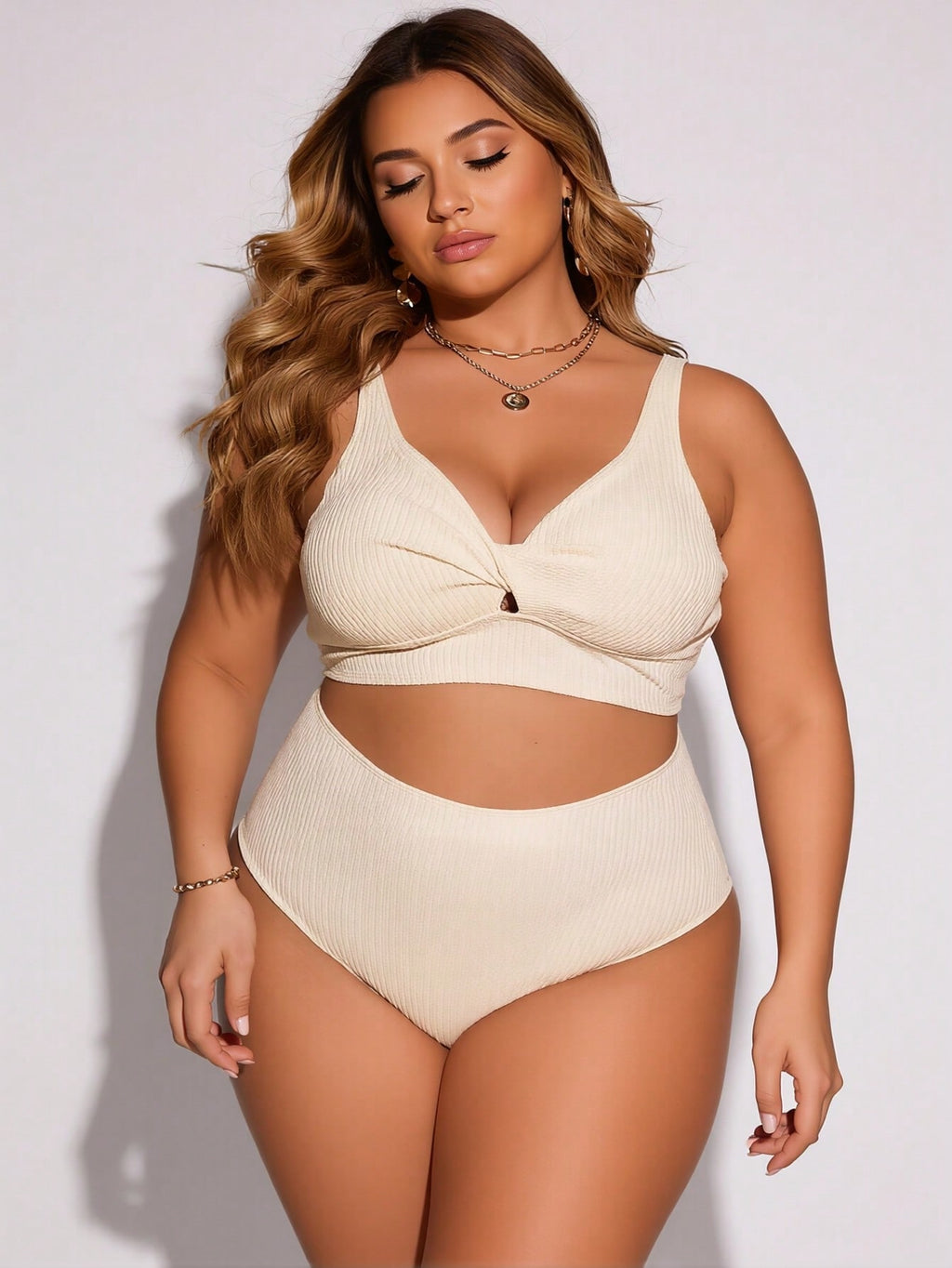 2026 Vacation Style Plus Size Bikini: Minimalist Cream Ribbed Design for a Chic and Comfortable Beach Look