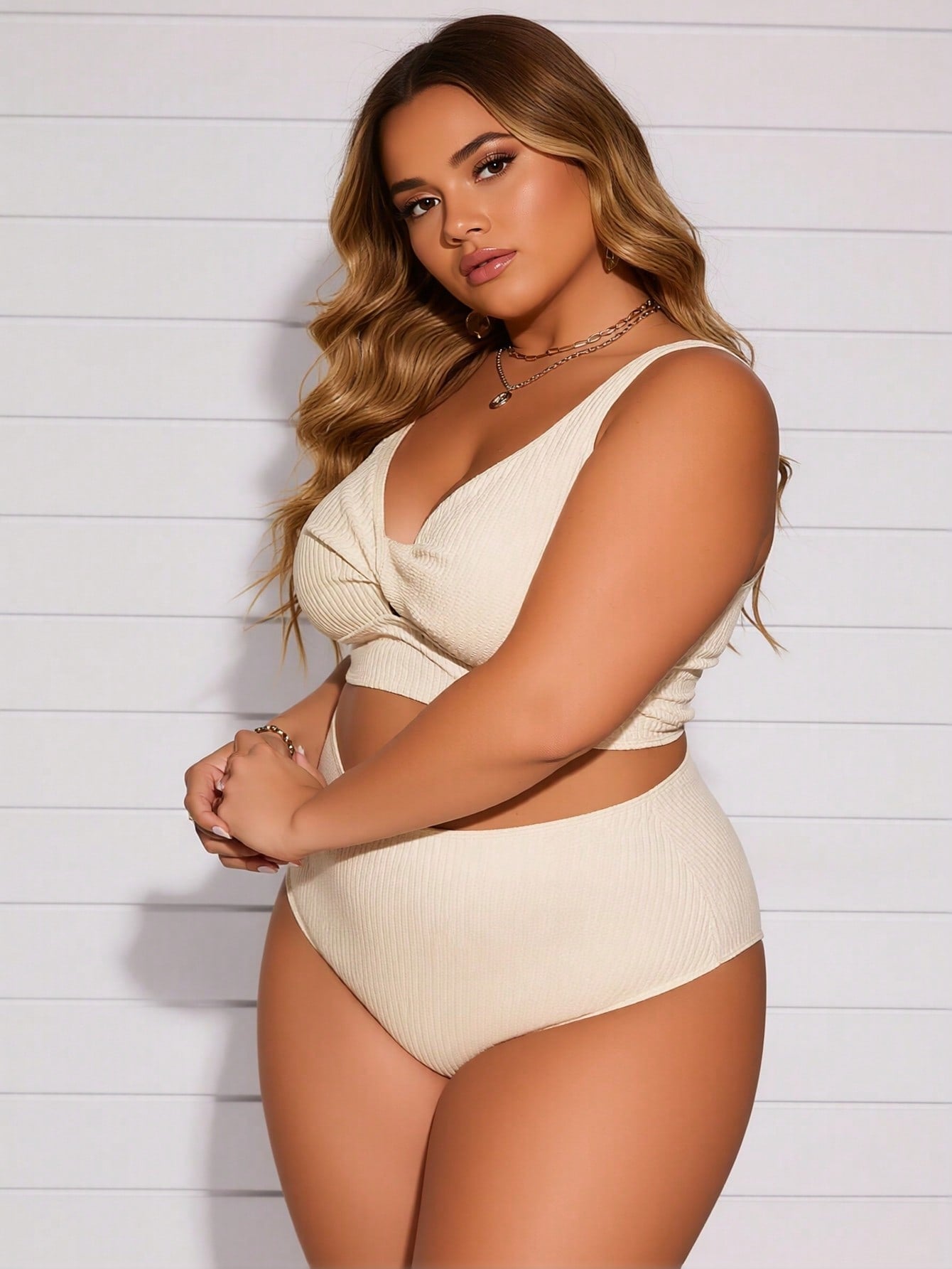 2026 Vacation Style Plus Size Bikini: Minimalist Cream Ribbed Design for a Chic and Comfortable Beach Look