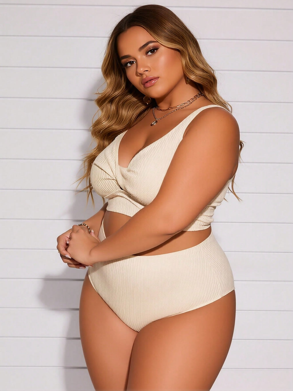 2026 Vacation Style Plus Size Bikini: Minimalist Cream Ribbed Design for a Chic and Comfortable Beach Look