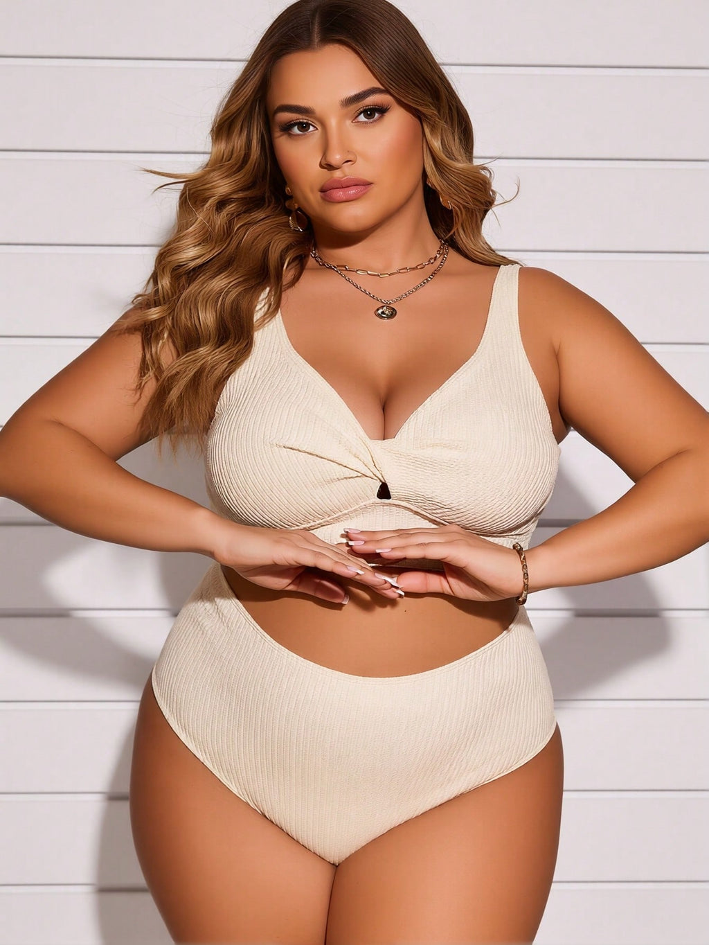 2026 Vacation Style Plus Size Bikini: Minimalist Cream Ribbed Design for a Chic and Comfortable Beach Look