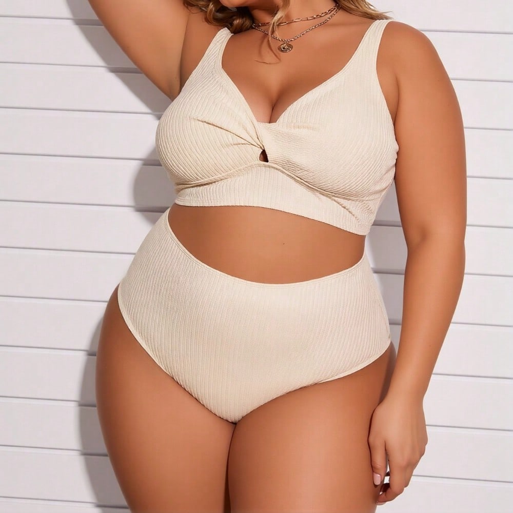 2026 Vacation Style Plus Size Bikini: Minimalist Cream Ribbed Design for a Chic and Comfortable Beach Look