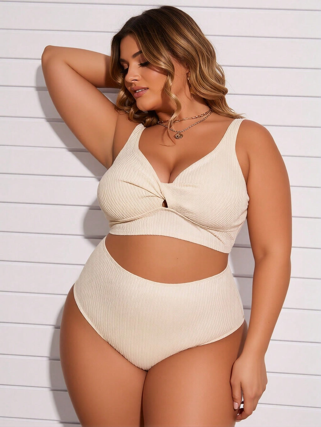 2026 Vacation Style Plus Size Bikini: Minimalist Cream Ribbed Design for a Chic and Comfortable Beach Look