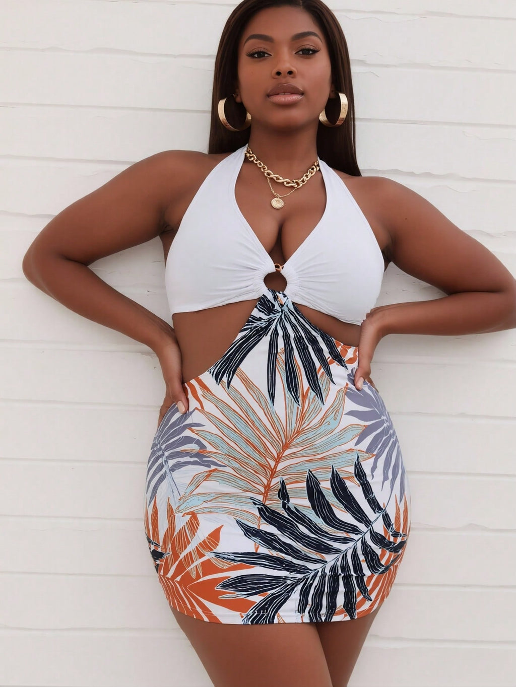 2026 New Women's One-Piece Swimsuit: White Halter Top with O-Ring Detail, Tropical Palm Leaf Print Skirted Bottom, Side Cutout, Flattering Silhouette