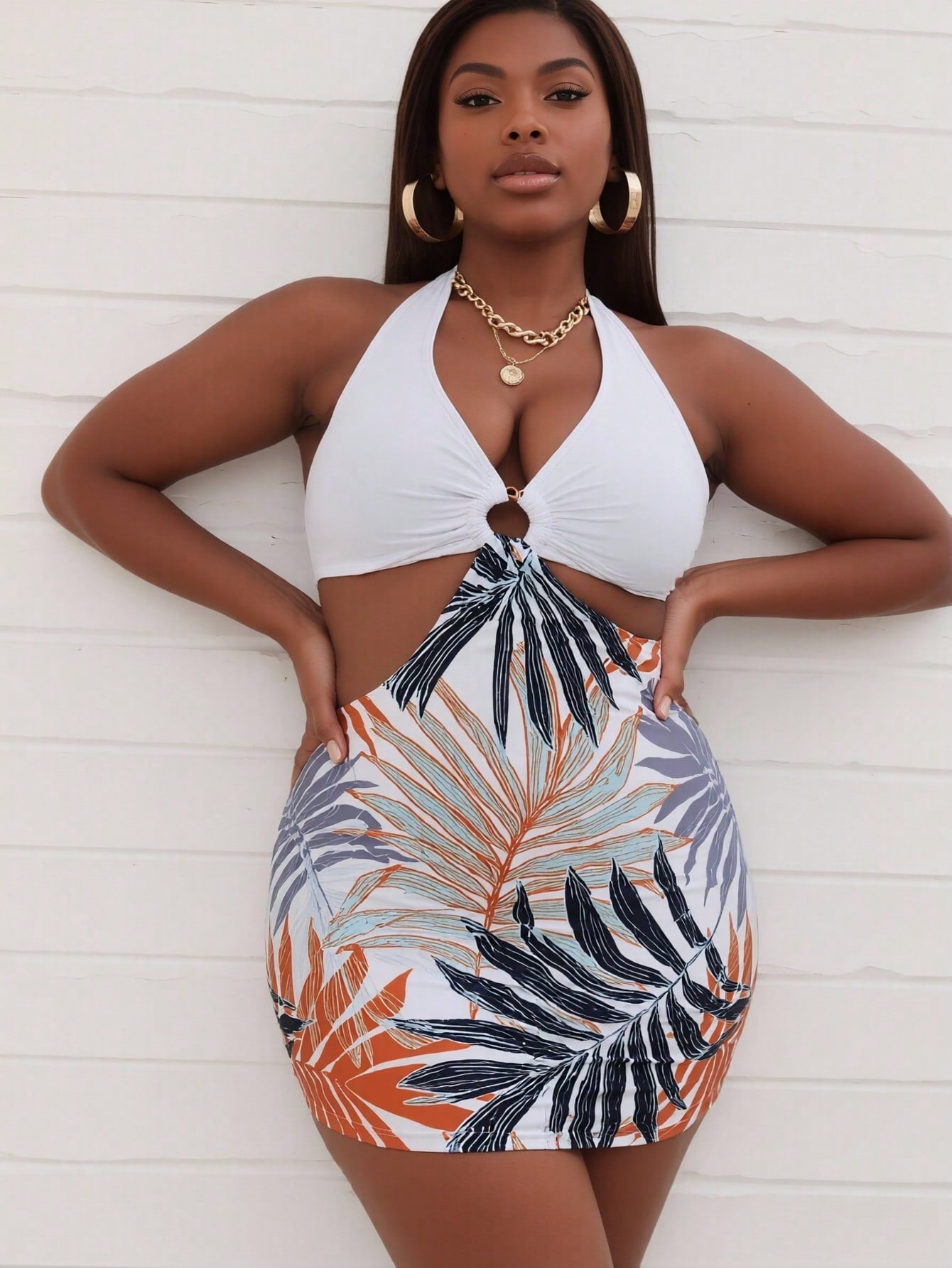 2026 New Women's One-Piece Swimsuit: White Halter Top with O-Ring Detail, Tropical Palm Leaf Print Skirted Bottom, Side Cutout, Flattering Silhouette