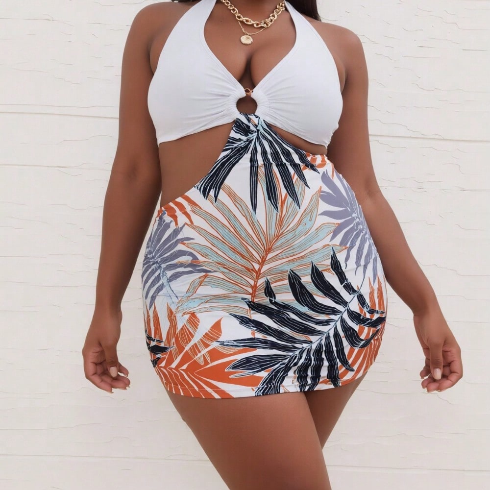 2026 New Women's One-Piece Swimsuit: White Halter Top with O-Ring Detail, Tropical Palm Leaf Print Skirted Bottom, Side Cutout, Flattering Silhouette