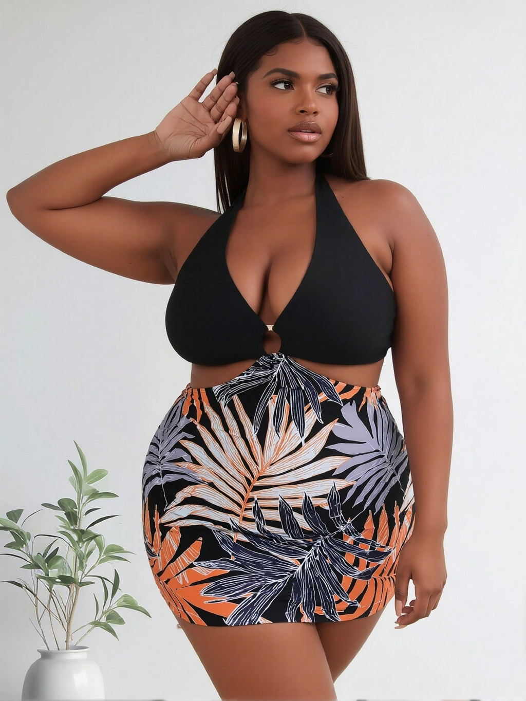 2026 Women's Vibrant Plus Size One-Piece: Black Halter Top with O-Ring and Tropical Palm Leaf Print Skirted Bottom