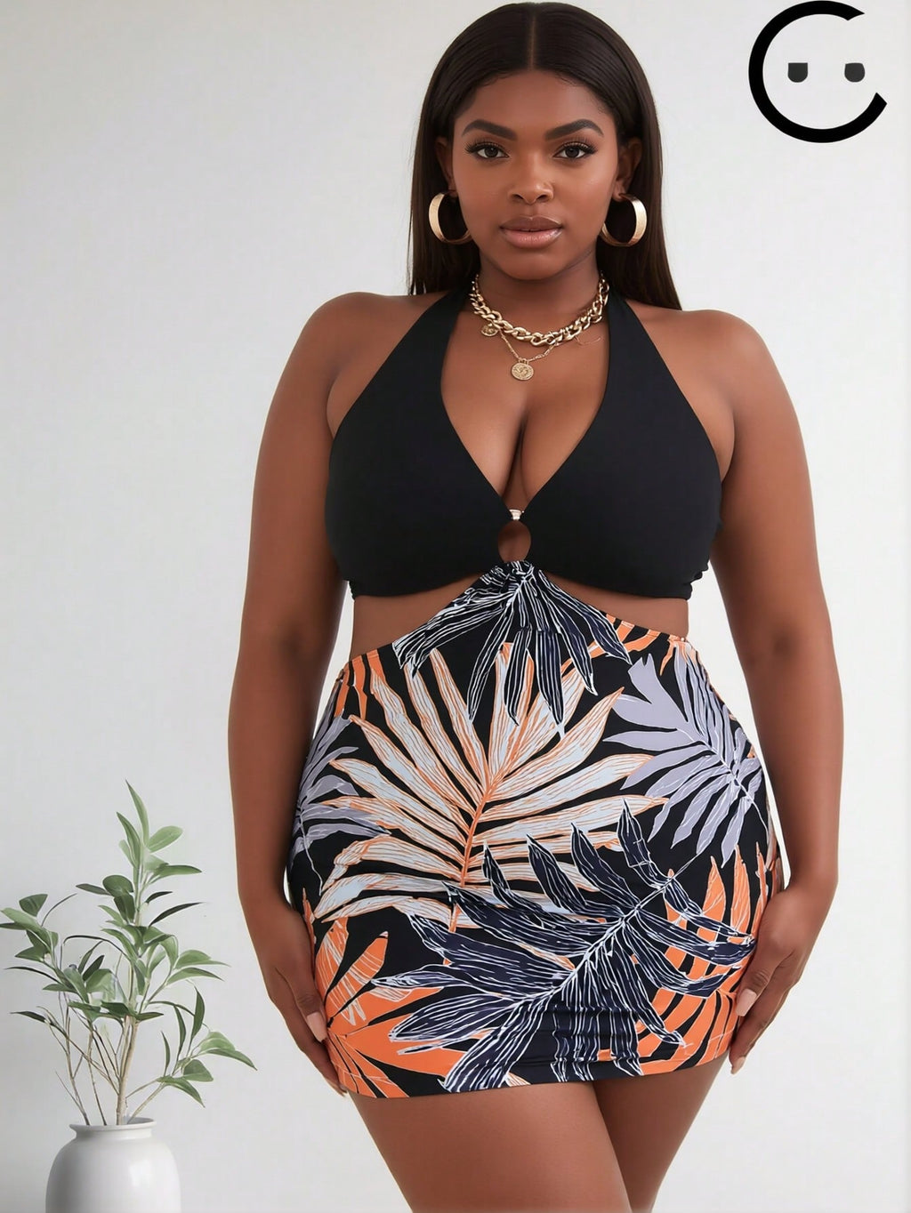 2026 Women's Vibrant Plus Size One-Piece: Black Halter Top with O-Ring and Tropical Palm Leaf Print Skirted Bottom