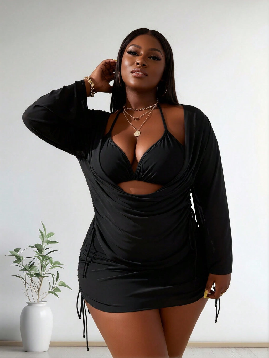2026 New Plus Size Women's Black Halter Two-Piece Swimsuit With Long Sleeve Drawstring Cover Up For Vacation