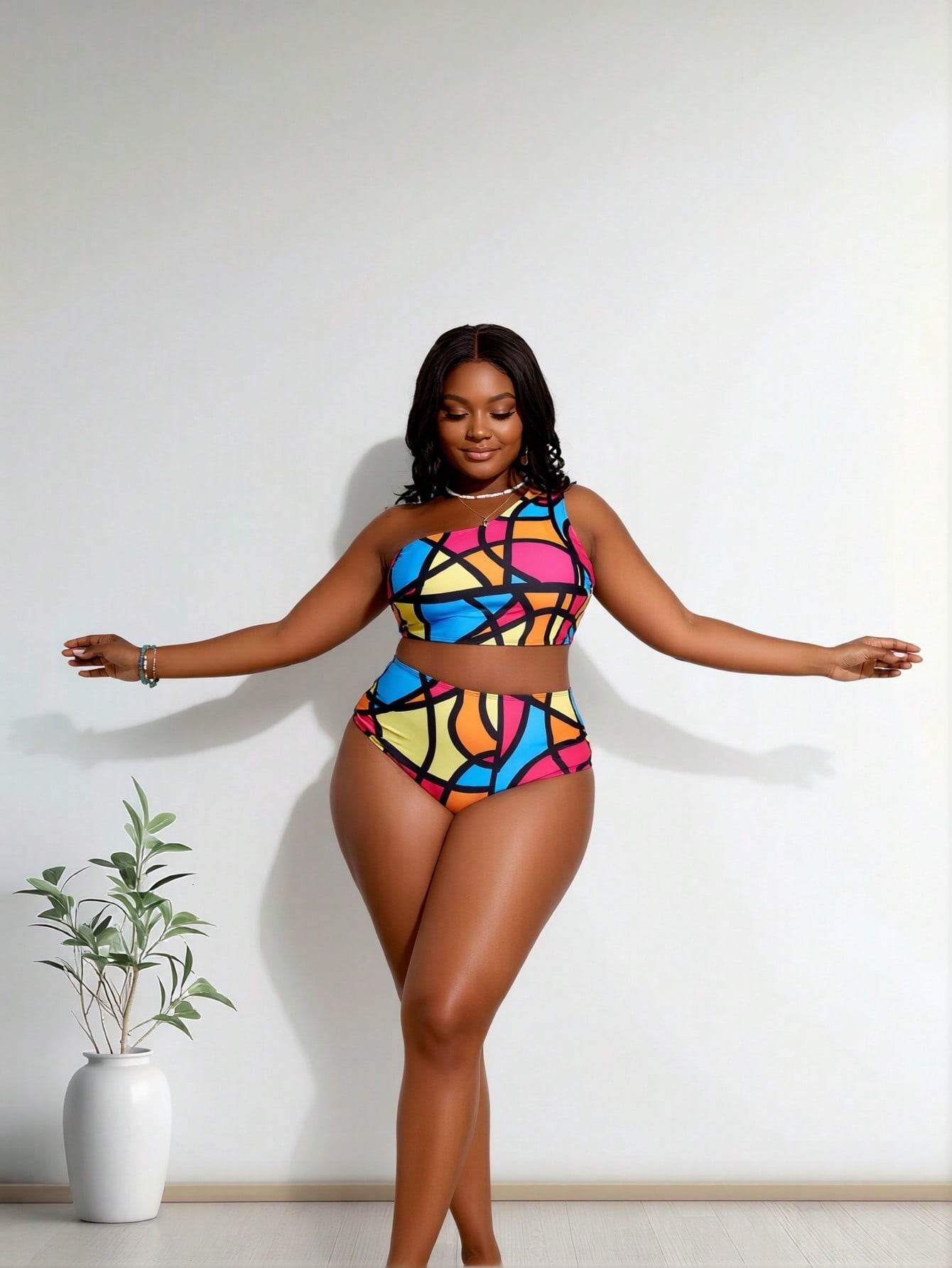2026 New Plus Size Women's Colorful Geometric Print One-Shoulder High Waist Two-Piece Swimsuit for Vacation