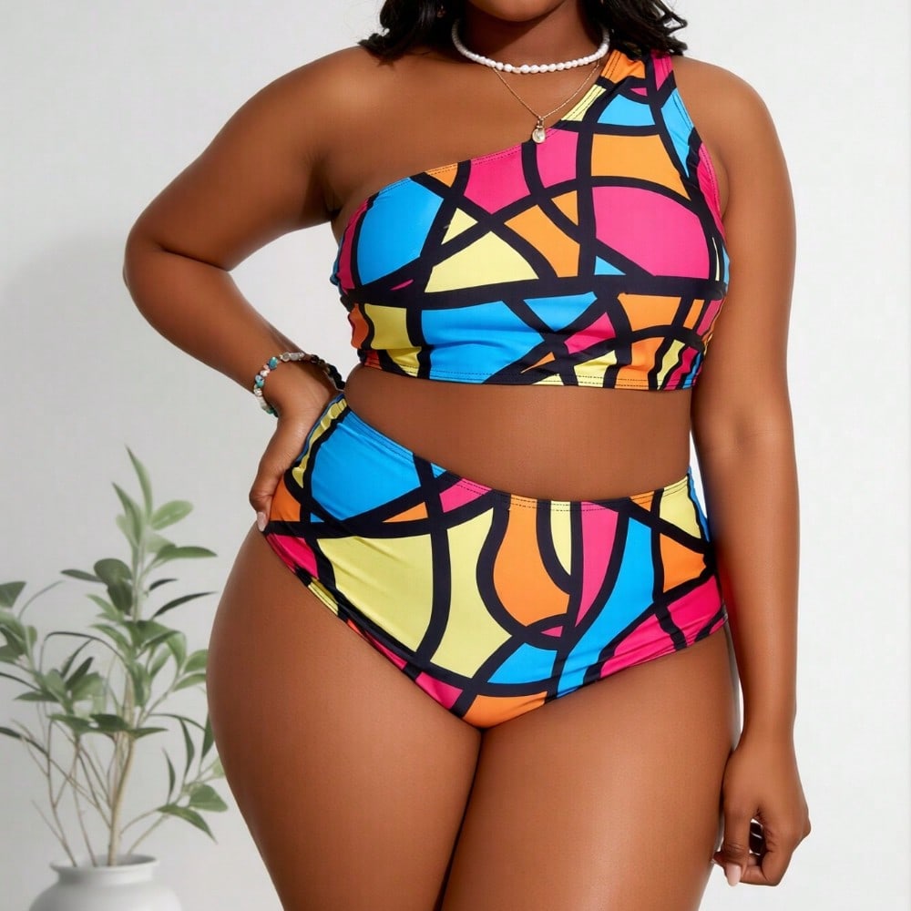 2026 New Plus Size Women's Colorful Geometric Print One-Shoulder High Waist Two-Piece Swimsuit for Vacation