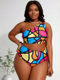 2026 New Plus Size Women's Colorful Geometric Print One-Shoulder High Waist Two-Piece Swimsuit for Vacation