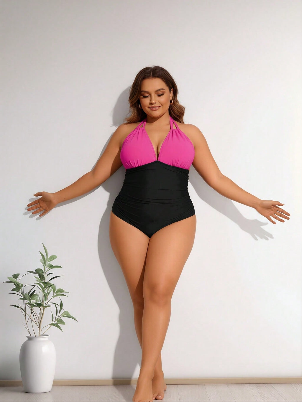 2026 New Plus Size Women's Hot Pink & Black Halter Ruched One-Piece Swimsuit Tummy Control For Vacation