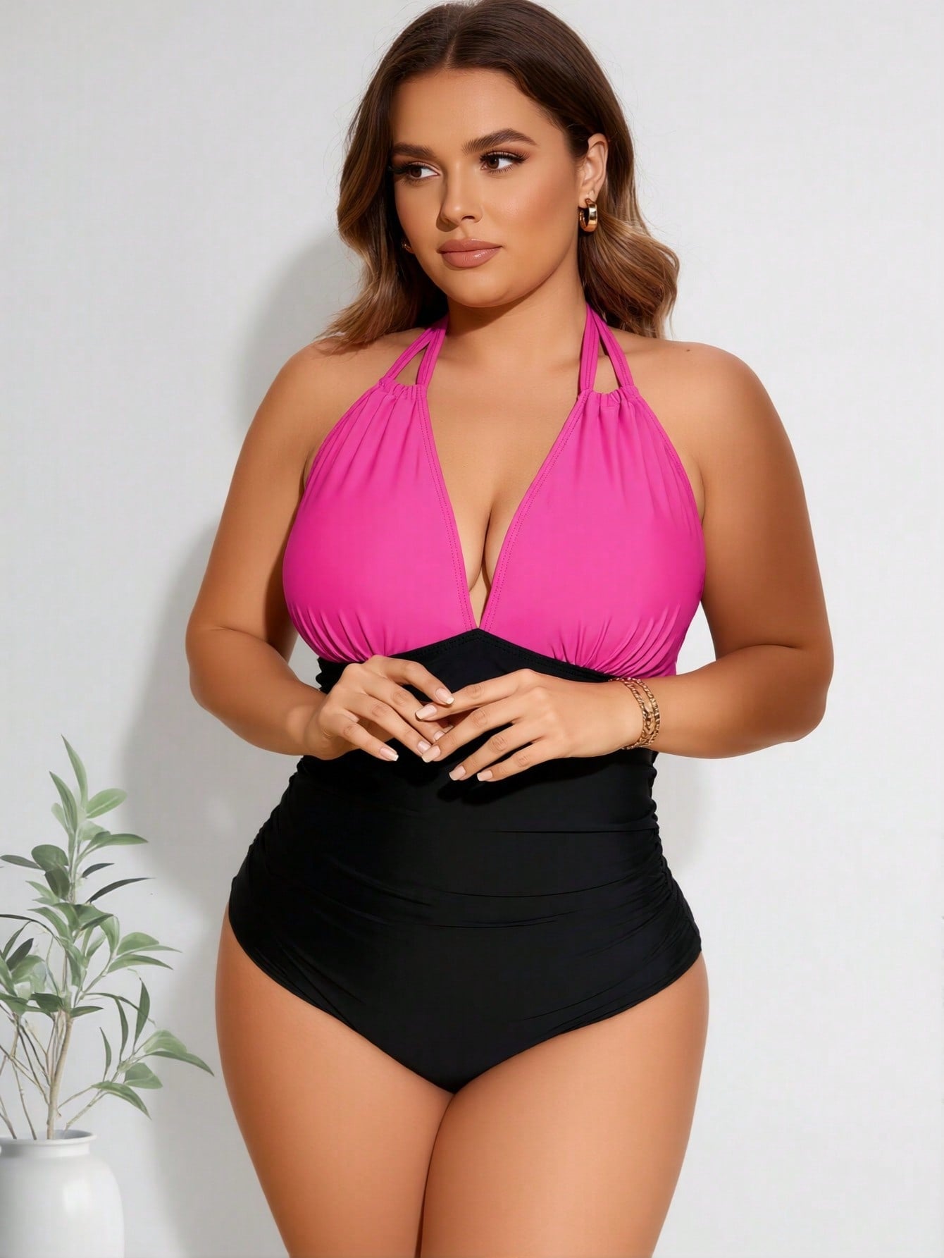 2026 New Plus Size Women's Hot Pink & Black Halter Ruched One-Piece Swimsuit Tummy Control For Vacation