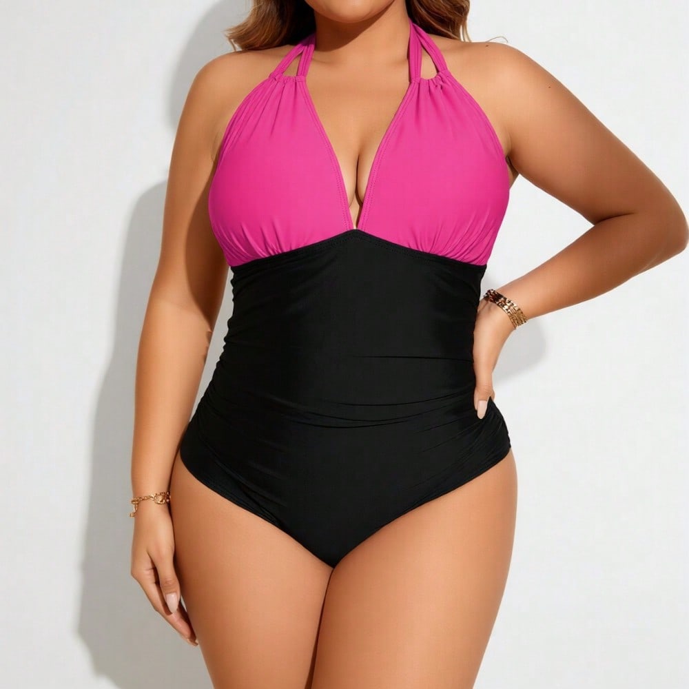 2026 New Plus Size Women's Hot Pink & Black Halter Ruched One-Piece Swimsuit Tummy Control For Vacation