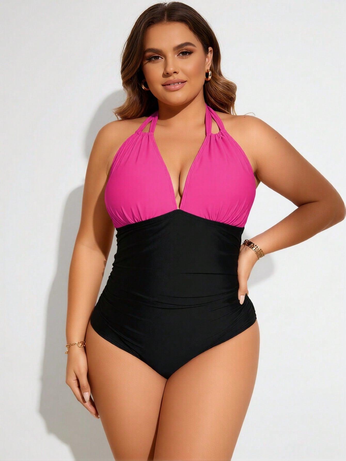 2026 New Plus Size Women's Hot Pink & Black Halter Ruched One-Piece Swimsuit Tummy Control For Vacation