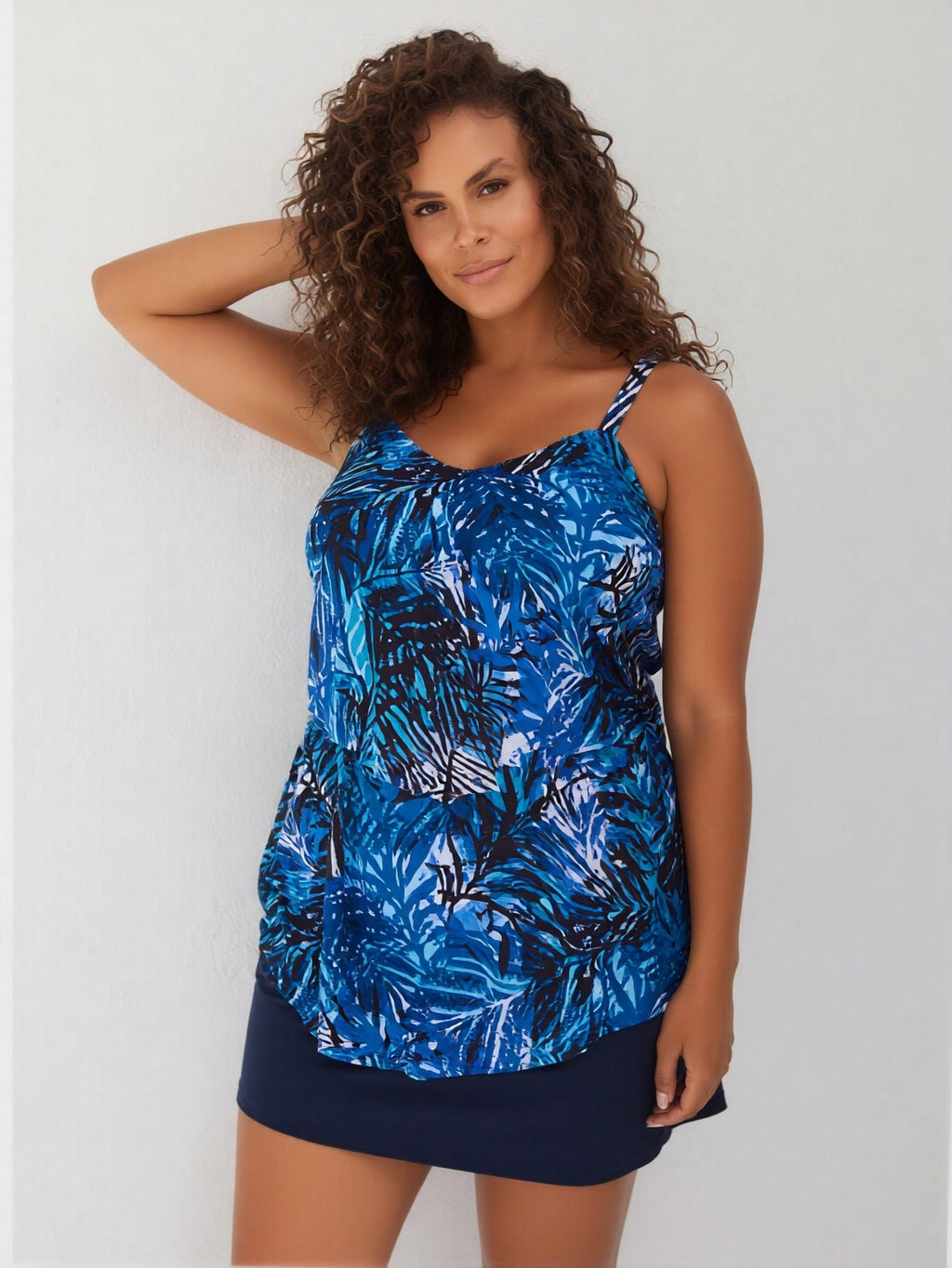2026 New Women's Blue Tropical Leaf Print Double Ruffle Cami Two-Piece Swimsuit Tummy Control for Vacation