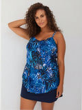 2026 New Women's Blue Tropical Leaf Print Double Ruffle Cami Two-Piece Swimsuit Tummy Control for Vacation