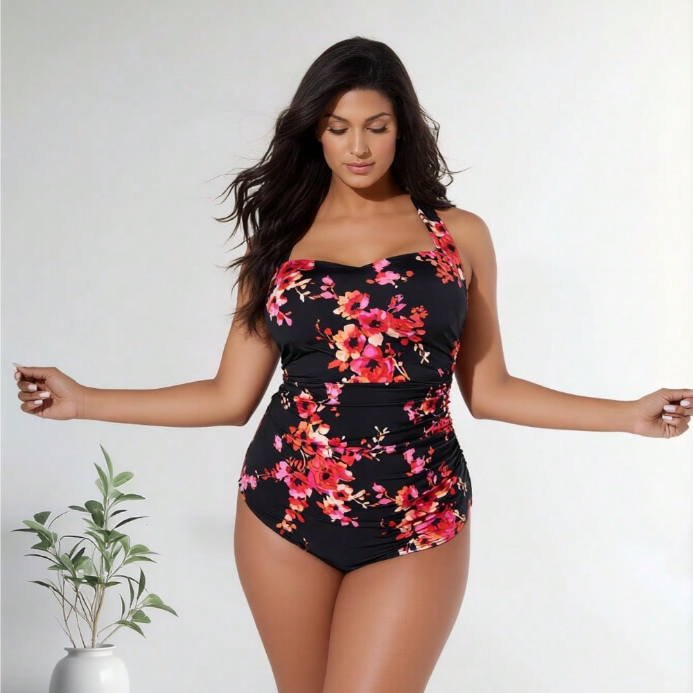 2026 New Plus Size Women's Black & Red Floral Halter Ruched One-Piece Swimsuit Tummy Control for Vacation