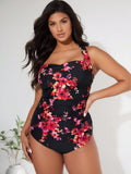 2026 New Plus Size Women's Black & Red Floral Halter Ruched One-Piece Swimsuit Tummy Control for Vacation