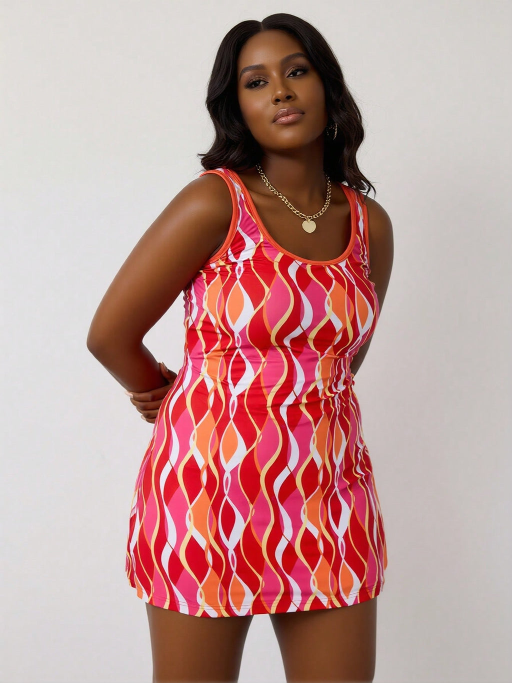 2026 New Women's Red & Orange Wave Print Cami Skirted Two-Piece Swimsuit For Vacation