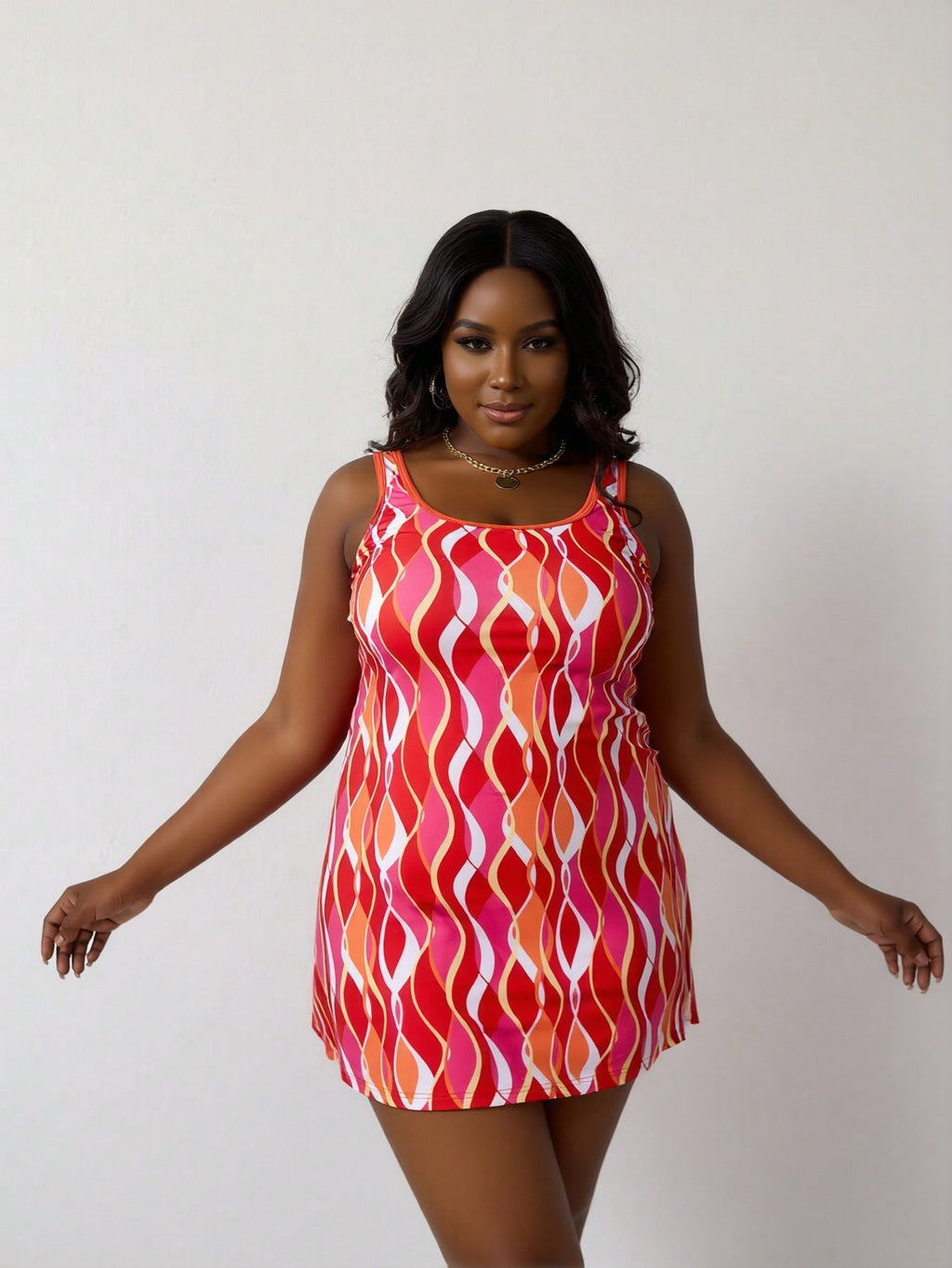 2026 New Women's Red & Orange Wave Print Cami Skirted Two-Piece Swimsuit For Vacation