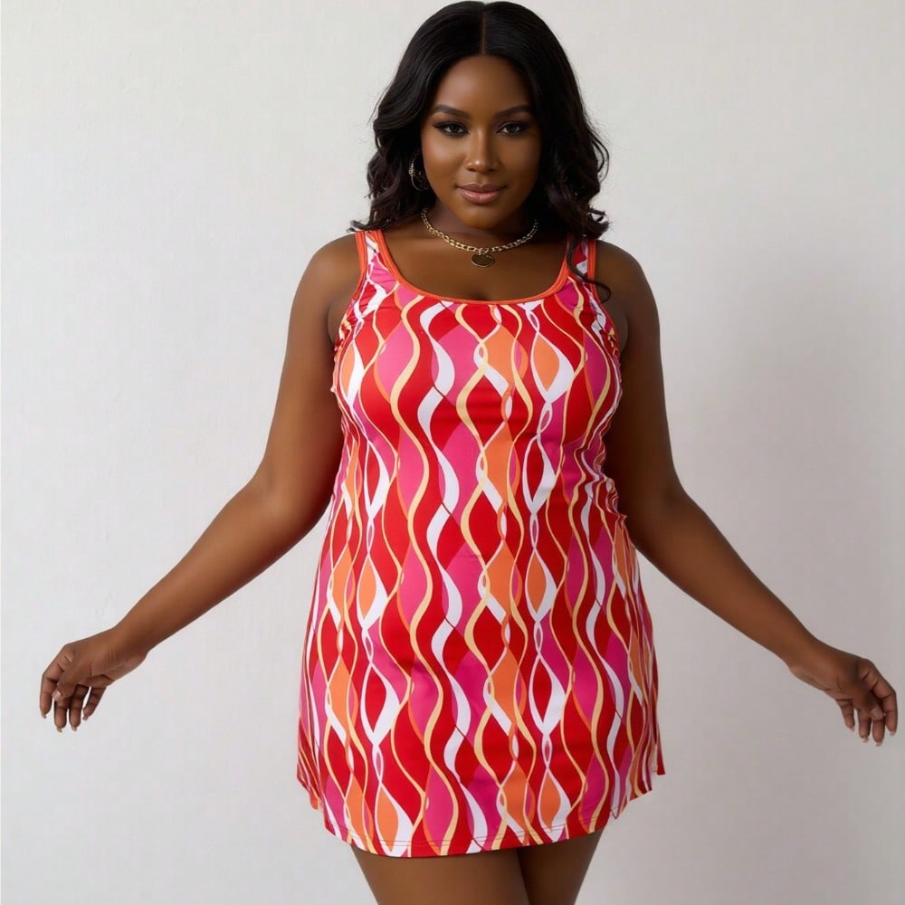 2026 New Women's Red & Orange Wave Print Cami Skirted Two-Piece Swimsuit For Vacation